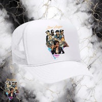 a white trucker hat with an image of a group of people